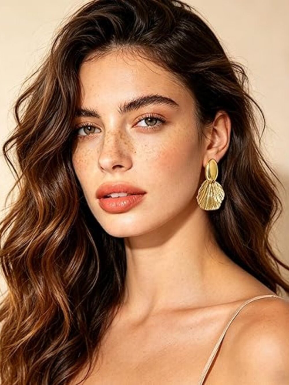 Gold Plated Chunky Fan-Shaped Dangle Earrings Two-Tone Shell Statement